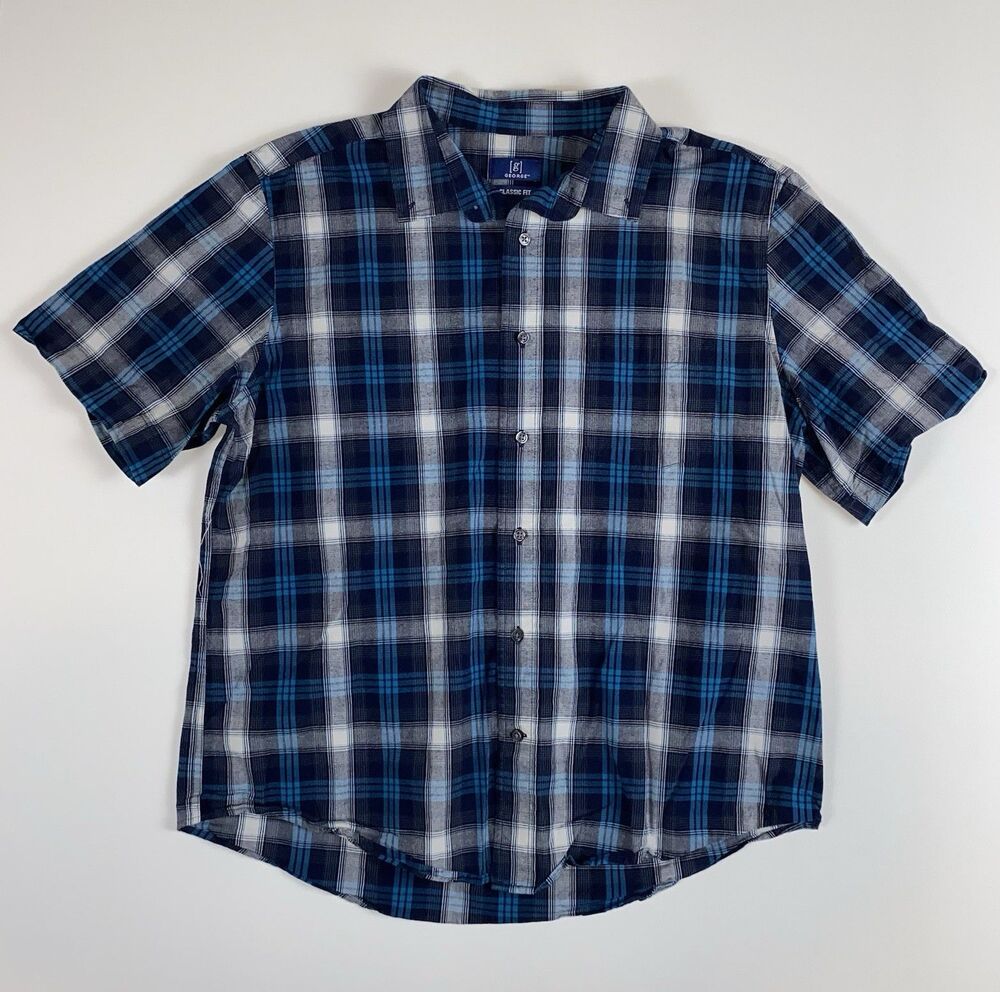 George Men's Short Sleeve Blue Plaid Button Up Shirt Size Large
